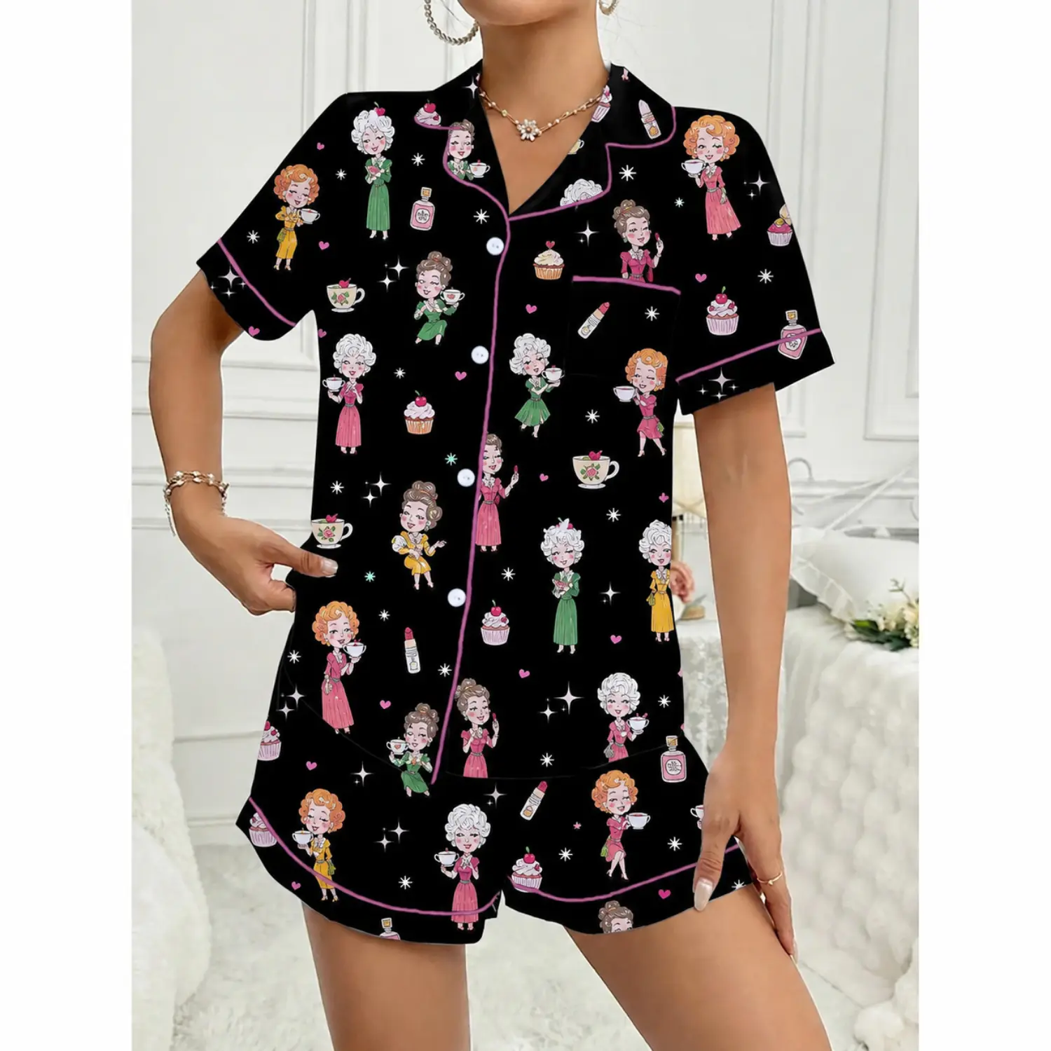 Black Cartoon Print Pajama Set: Short Sleeve Loungewear with Button Front and Relaxed Fit