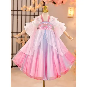 Girls' Short-Sleeved Hanfu Dress with a Traditional Chinese Style, Featuring Floral Embroidery, Suitable for Birthdays And Guzheng Performances