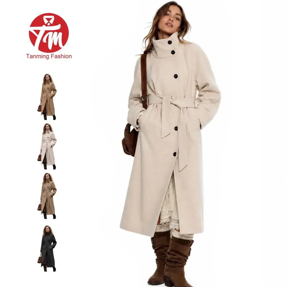 Tanming Women’s Long Trench Coat - Wool Blend, Belted, Wrap, Double Breasted Lapel, Long Sleeve, Retro, High Neck, Winter Warm Elegant Dressy Outwear Jacket