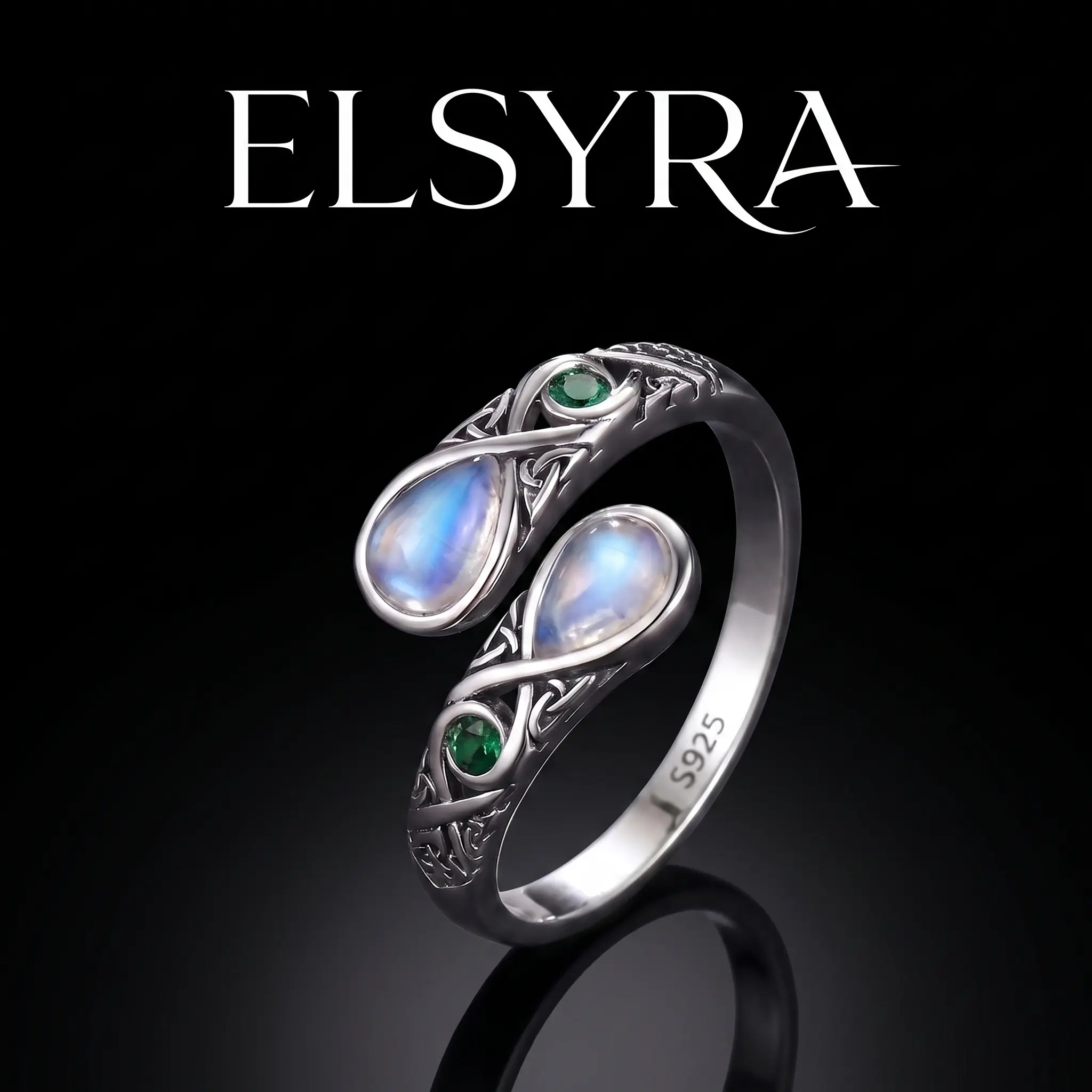 S925 Sterling Silver Elegant Rainbow Moonstone Spoon Ring - Celtic Knot, Devil's Eye, Love Patterns, Vintage Victoriana Style, Adjustable Unisex Thumb Jewelry for Everyday Wear, Gift for Women
