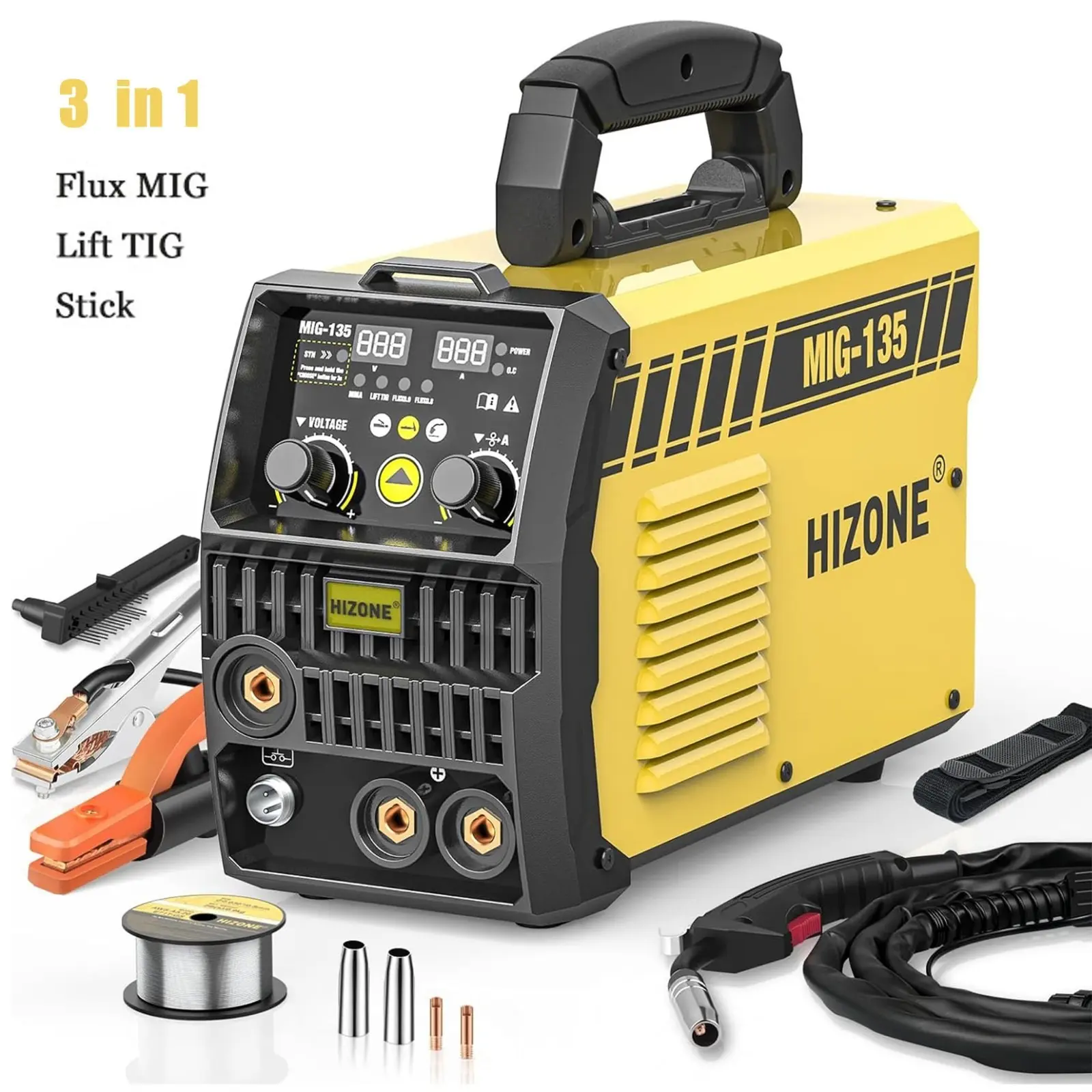 【First Batch Sale】HIZONE 135A MIG Welder 110V 3 -in-1 Flux Core, Lift TIG, Stick IGBT Welding Machine
