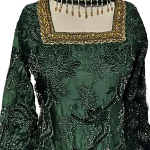 Women's Emerald Green Farshi Salwar Suit - Womenswear Wedding & Eid Outfit with Choker Dupatta, Cut Dana Work, and Crochet Net Details