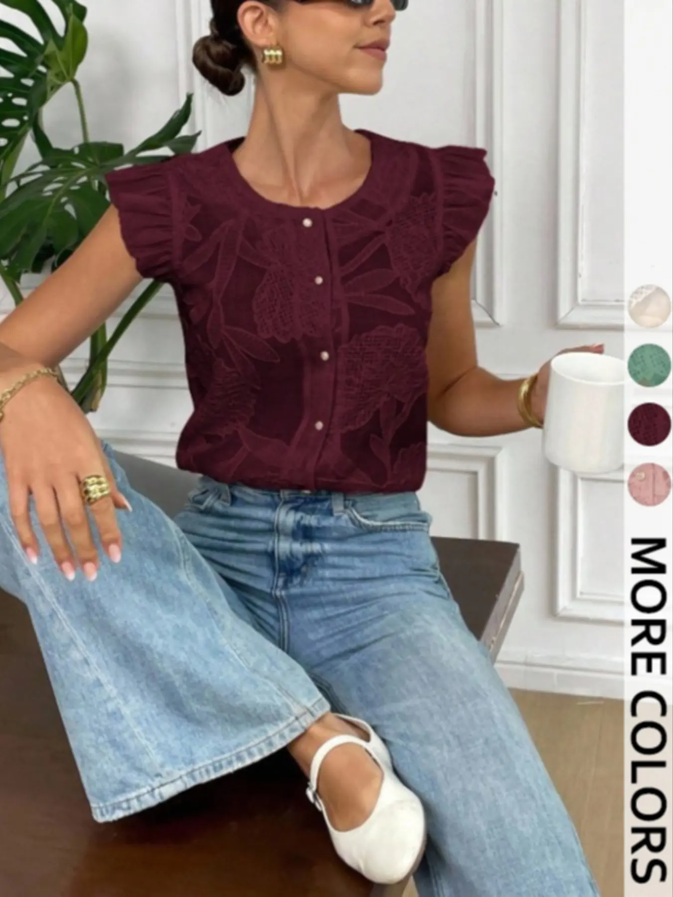 Women's Round Neck Single Button Embroidered Short Sleeve Fashion Blouse Shirt, Button Closure Shirt, Summer Casual Style, Trendy, Slim, Comfortable and Breathable Summer Top for Daily Wear