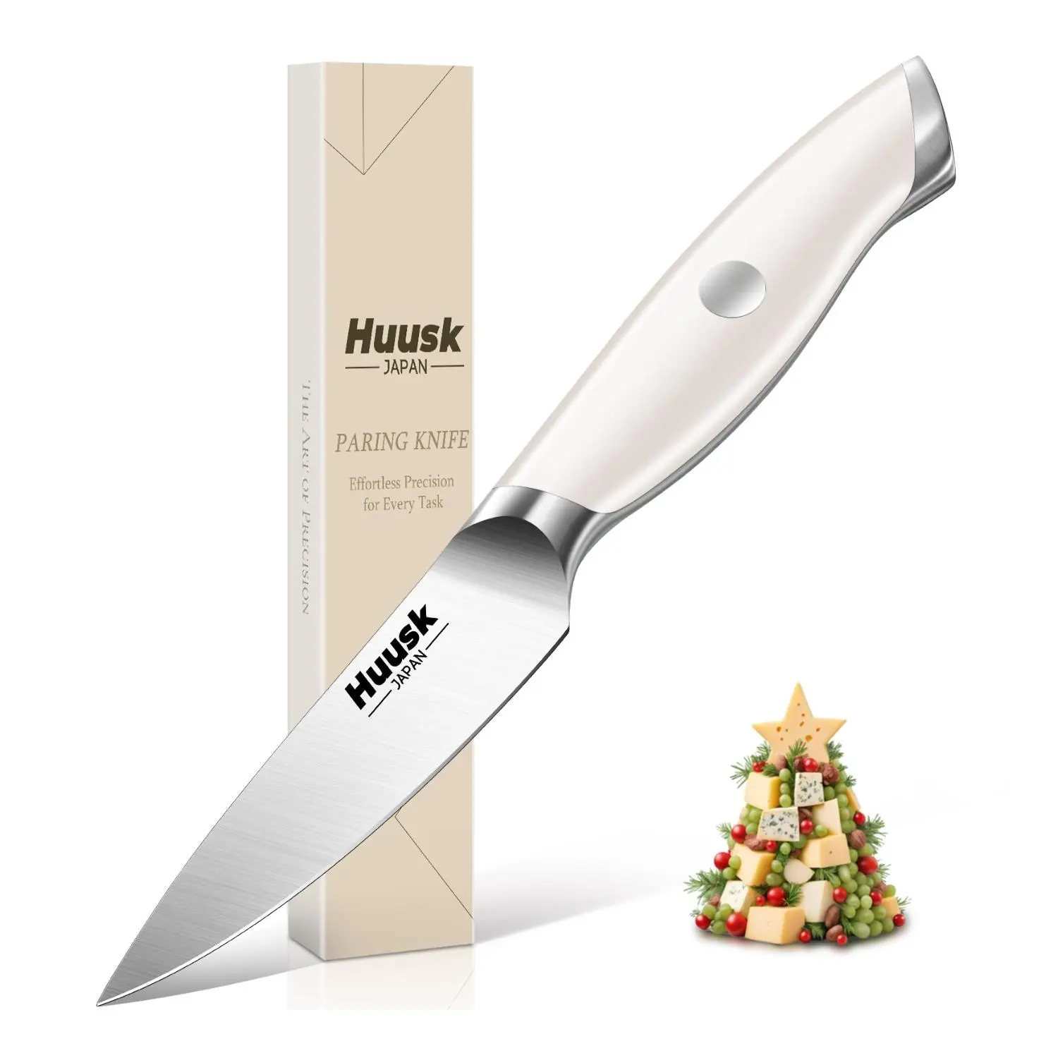 Huusk Paring Knife Ultra Sharp, 3.5" Small Kitchen Knife with Ergonomic Ivory White Handle Well-balanced Vegetable Fruit Knives for Peeling Coring Cutting Present Gift to Men Women