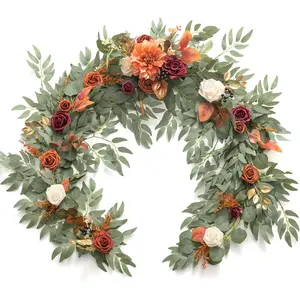 Terracotta Flower Garland - 6FT Eucalyptus & Rose - Sweetheart Table Decor for Wedding Reception, Fall Artificial Floral Garland for Mantle, Christmas Decoration, Burnt Orange