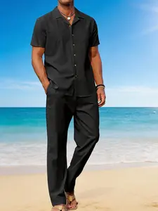 Men’s Black Lightweight 2-Piece Set – Short-Sleeve Shirt and Pants for the Beach