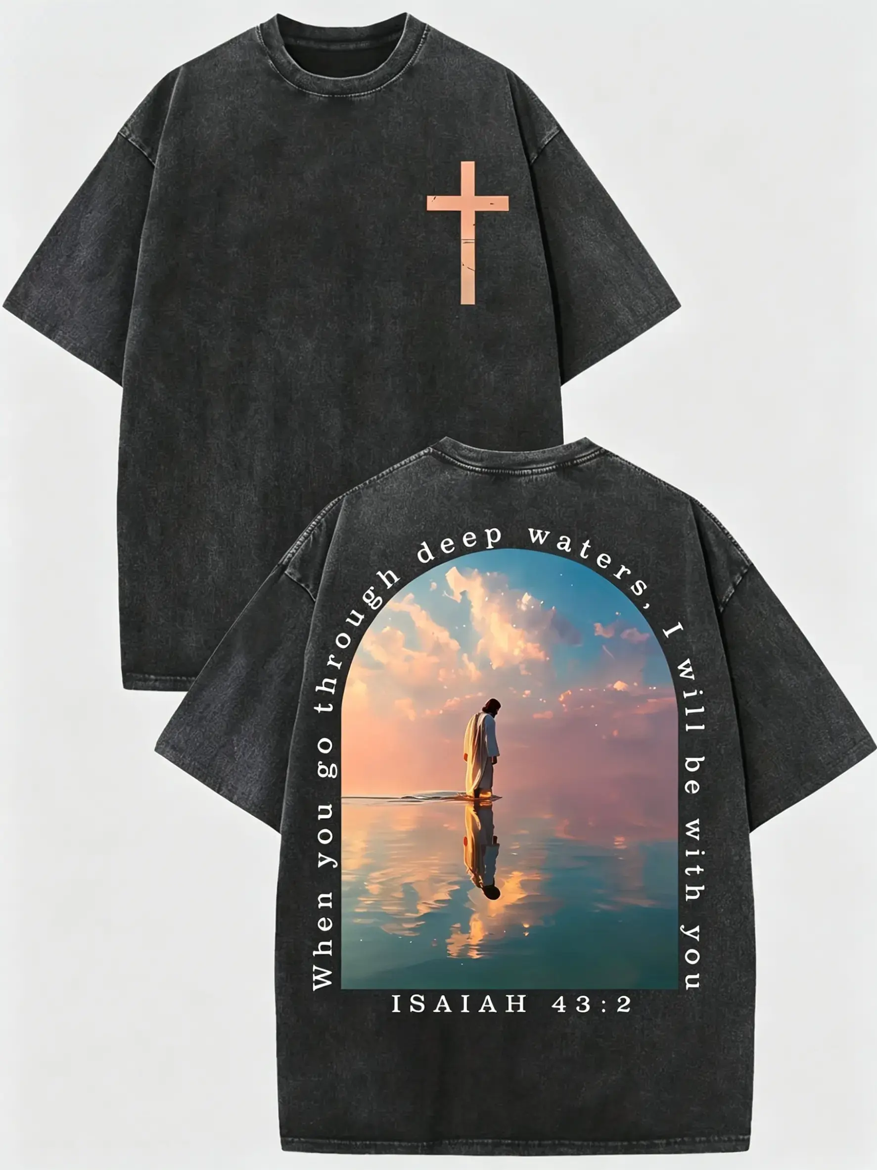 [BT] Vintage Washed Black Christian Oversized T Shirt, Isaiah 43:2 Jesus Walk On Water Cross Graphic Short Sleeve Tee Religious Faith Aesthetic Streetwear Top, Inspirational Bible Verse Religious Streetwear T-Shirt For Men