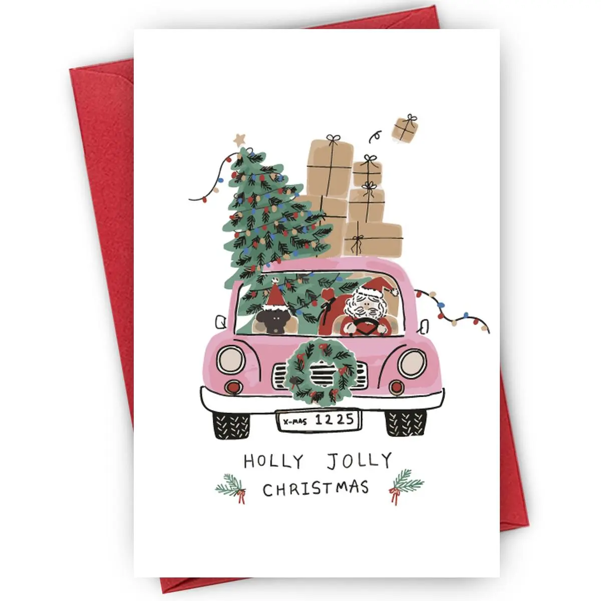 Santa Road Trip Christmas Card - "HOLLY JOLLY CHRISTMAS" | Pink Car with Xmas Tree Gifts, Flying Presents, Suitable for Travel Lovers, Road Trip Holiday