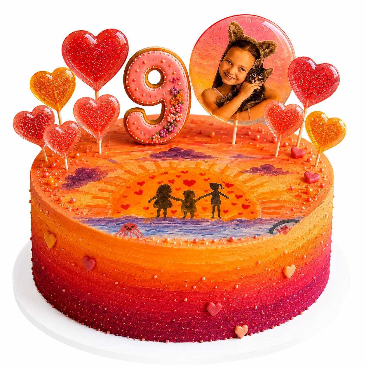 Sunset Memories Birthday Cake | Custom Photo Cake with Edible Print & Handmade Lollipops