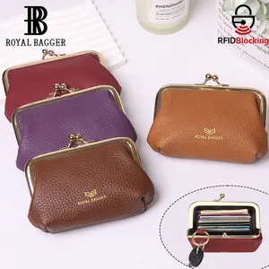 Royal Bagger Kiss Lock RFID Card Holder & Coin Purse for Women – Genuine Cow Leather Mini Wallet with Key Chain, Small Fashion Storage Bag 4243