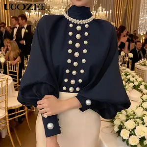 UOOZEE Women's New Autumn Winter Pearl-Embellished Shirt Commuter Blouse High Neck Puff Sleeves T-shirt Elegant Loose Fit Blouse