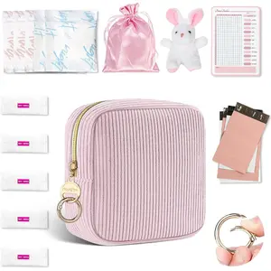 First Period kit for Girls, Corduroy Cute Sanitary Napkin Storage Bag, Menstrual Pad Bag Tampon Holder for Purse, First Period Gifts (Pink)