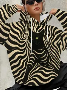 Trendy Zebra Print Stripe Cat Hoodie Pullover for Women, Casual Street Style Fitted Sweatshirt, Fall & Winter Fashion, Moderate Fabric Statement