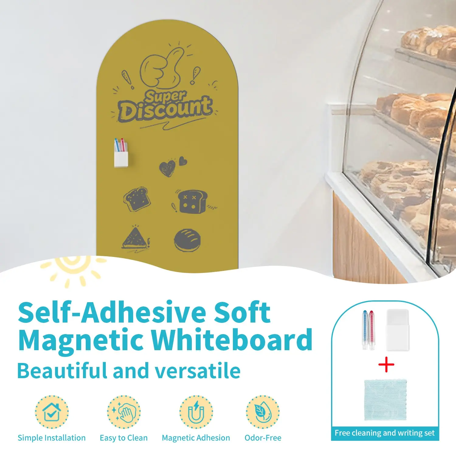 Magnetic Whiteboard Wall Sticker for Painting & Learning, Includes Storage Box, 2 Crayons, Cloth, Reusable, Easy to Clean, 50x90cm, 40x80cm, Whiteboard Set