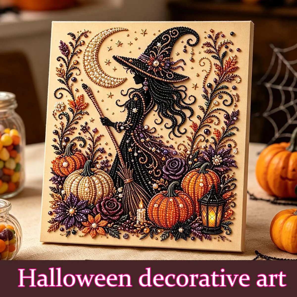 Halloween Witch Pearl Painting DIY Kit, Pumpkin Moon Diamond Art Craft Set, Halloween Bead Painting Wall Decor with Witch, Flowers, Lantern and Fall Theme Design for Home Decoration and Gifts