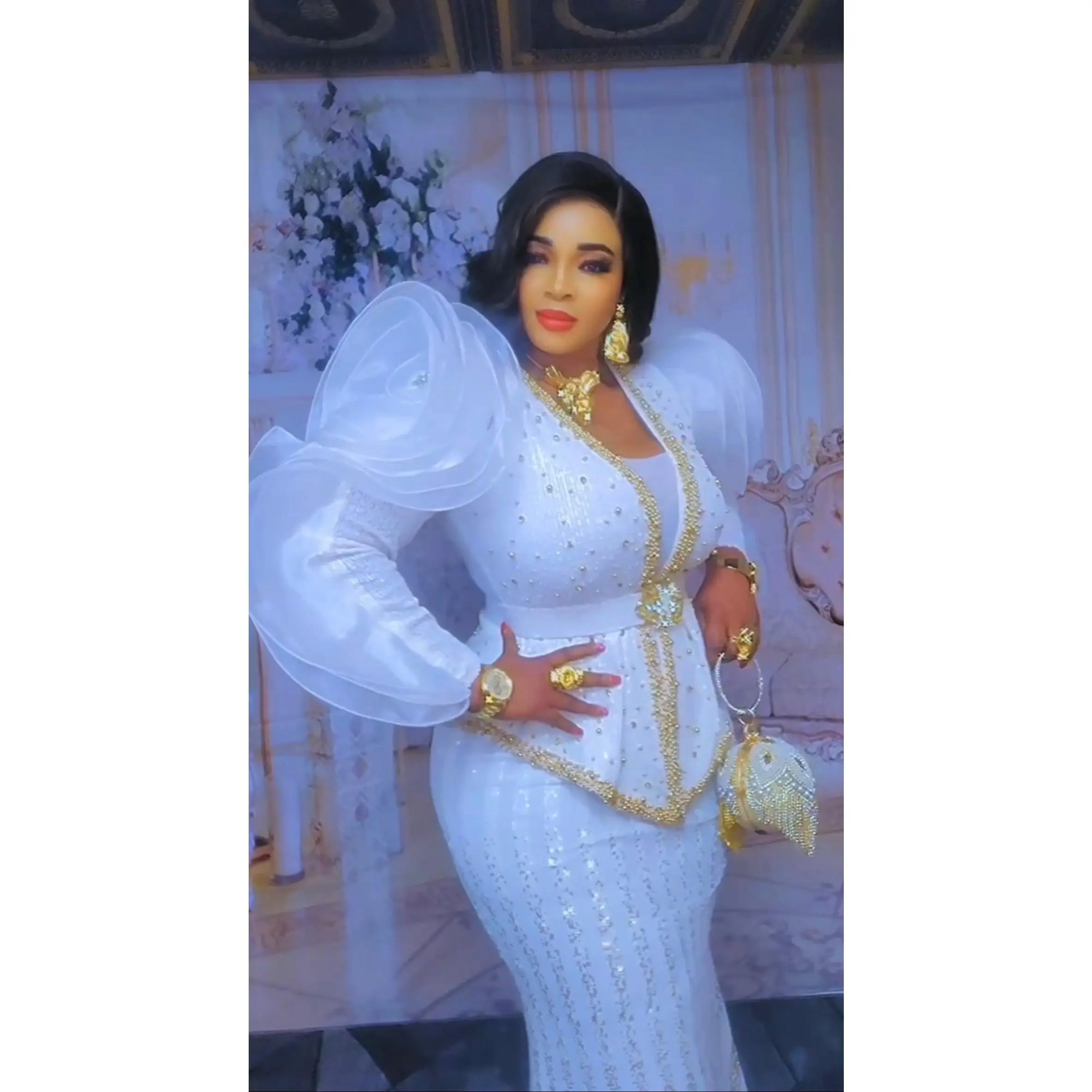 White Sequin Embellished Ruffle Sleeve Peplum Mermaid Dress for Wedding Guest Mother of The Bride Birthday Party Gala Anniversary Engagement Ceremony
