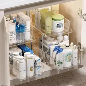 2 Pack Bathroom Organizers and Storage,2-Tier Clear Under Sink and Pull-Out Cabinet Organizer with Track for Kitchen, Pantry,Vanity Countertop,Cabinet,Closet Drawers Bins