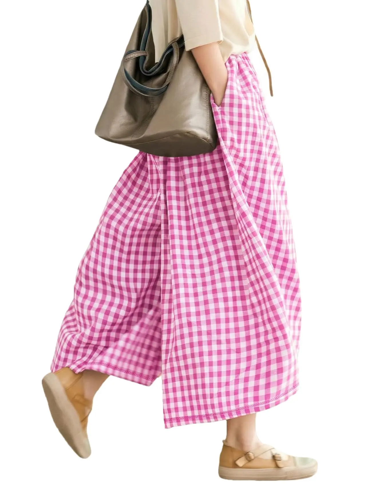 Women's Gingham Plaid Capri Pants Cotton Linen Wide Leg Palazzo Trousers Elastic Waist Pockets Summer Casual Outfit Gift Vintage Culottes Breathable Bottoms