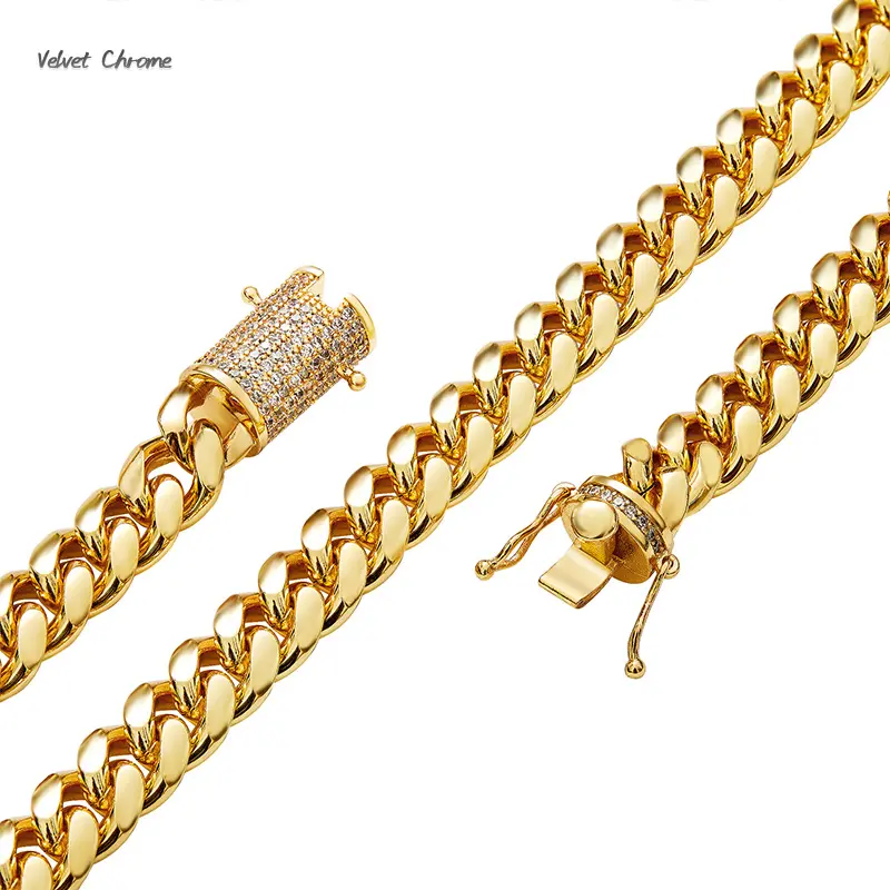 Men's 10mm Wide Cuban Link Necklace, Gold-Plated Stainless Steel Fashion Jewelry Accessories, Iced Out Zircon Clasp, Hypoallergenic, Casual Everyday Wear, 7.5in to 30in Unisex Chain