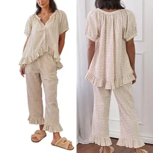 Women's2piecepajamasetshortsleeveplaidprintbuttonshirt+rufflepantssetsleepwearloungewear