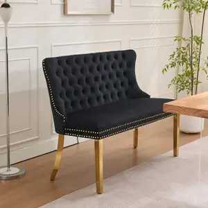 Velvet Double Dining Loveseat Bench, Kitchen & Dining Seating, 2-Seat Tufted Bench w/Handmade Buttons, Wing Back, Gold-Plated Steel Legs, Mid Century Modern,Single Pack,Black