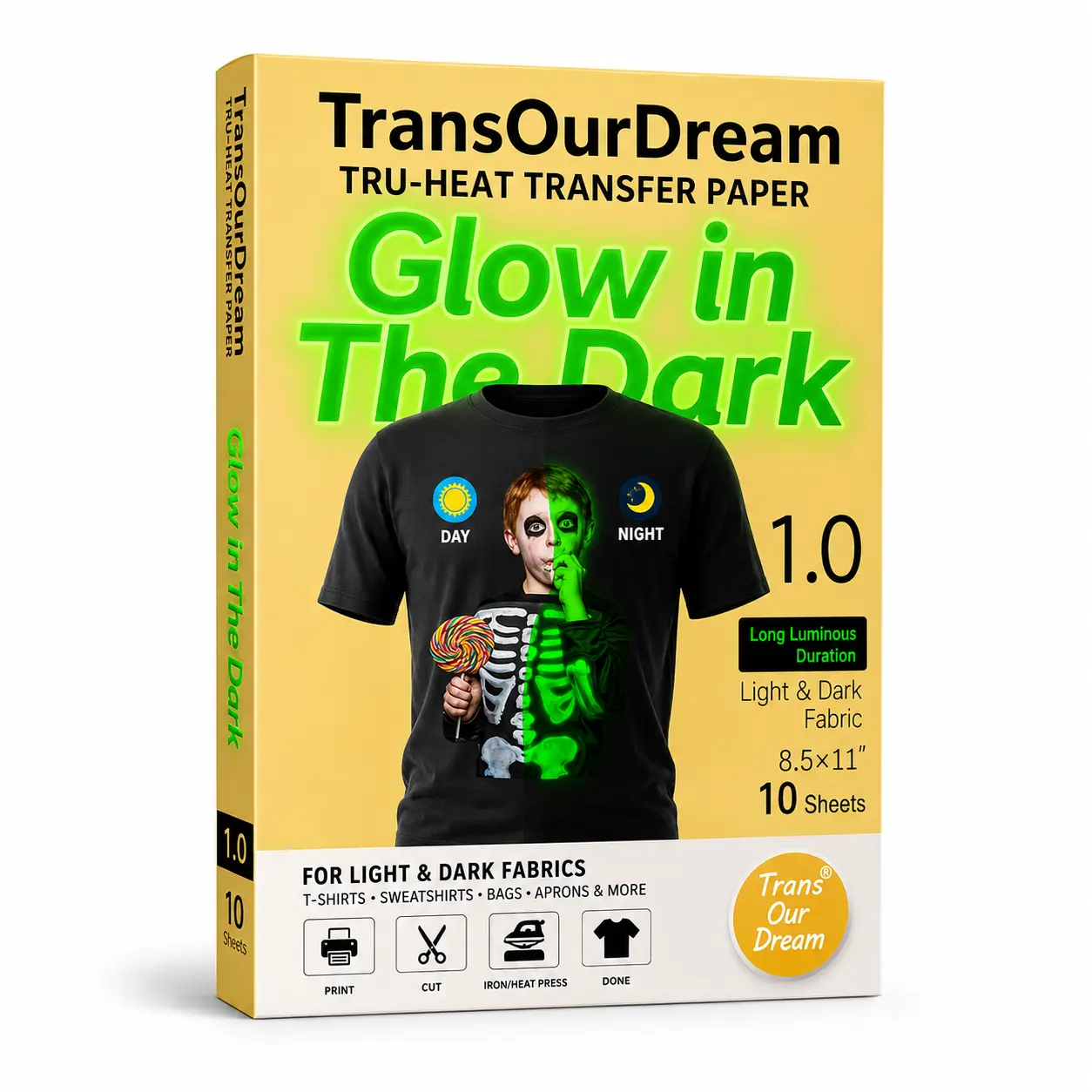 TransOurDream Long-Lasting Glow Heat Transfer Paper - Inkjet Printer Iron-On for Light/Dark T-Shirts, 10x8.5in Sheets with Teflon Sheet, Easy-Cut for Family Custom Gifts, Party Outfits (Place Press Lights Off for Glow On)