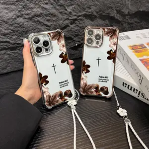 Premium Plating Edge Bible Verse Case With Hand Strap For iPhone Samsung Galaxy 17Pro Max Air 16 15Plus 14 13 12 11 XR XS S25 S24 S23 S22 Aesthetic Cross Floral Case For Religious Women Daily Decor.NN129
