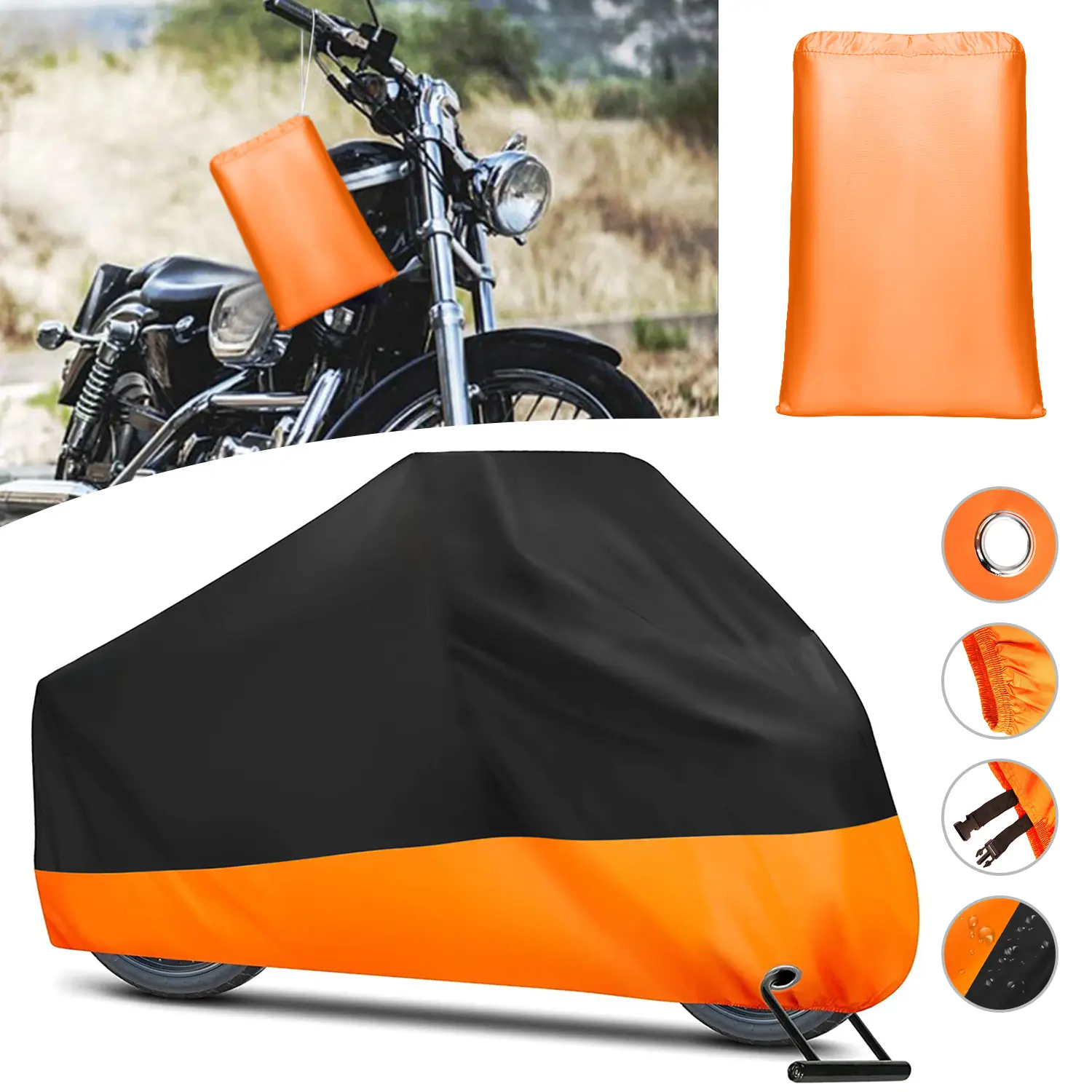Waterproof Motorcycle Cover, All Season UV Rain Snow Dust Protection Motorbike Shelter with Lock Hole Windproof Buckle Elastic Hem Reinforced Oxford Fabric, Uv Stabilizer