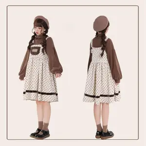 Japanese Kawaii Two Pieces Set Women Polka Dot Patchwork Lolita Dress + Cartoon Embroidery Grunge Tops Y2k Aesthetic JK Suit
