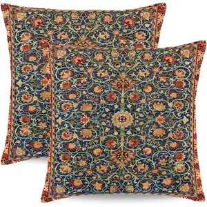 Vintage Floral PillowSet of 2 Boho Ethnic Carpet Pattern Decorative Throw Pillow Case Square Linen Burnt Orange Art Decor Cushion Cover for Home Couch Sofa Bedroom