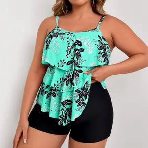 2026 Plus Size Mint Tropical Print Tankini Set | Tiered Ruffle Spaghetti Strap Top + High Waist Boyshorts | Modest Curvy Beach Bathing Suit