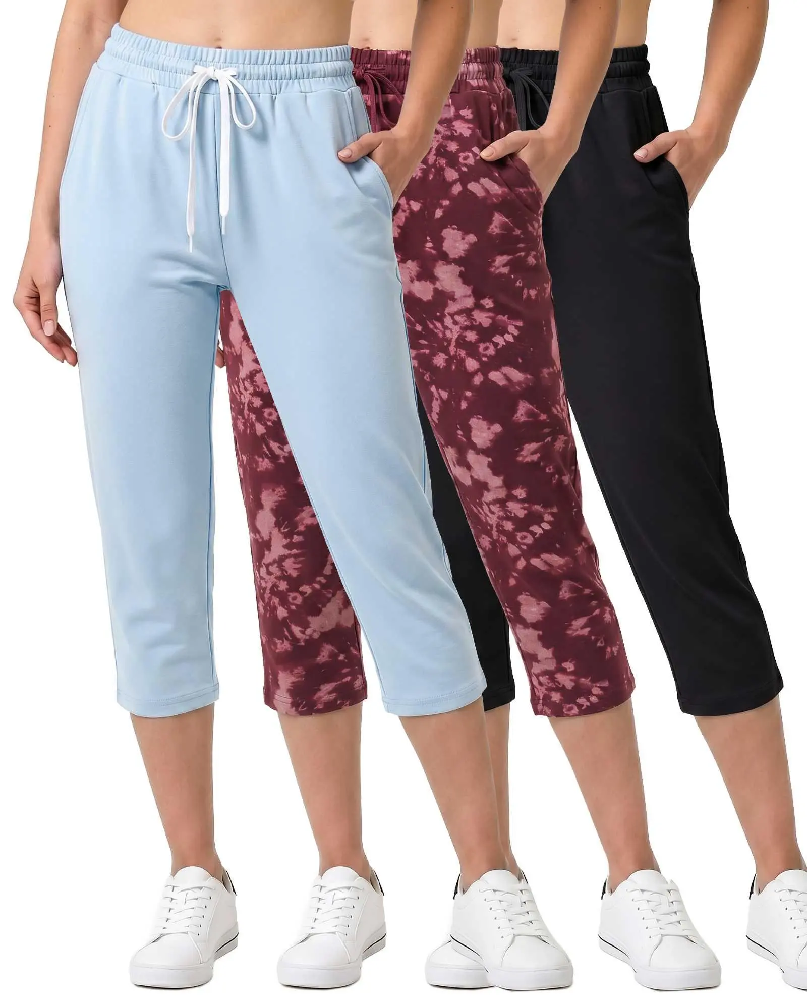 Real Essentials 3 Pack: Women's Capri Open Bottom Sweatpants - Casual Lounge Athletic Workout Yoga Pants with Pockets (Plus)