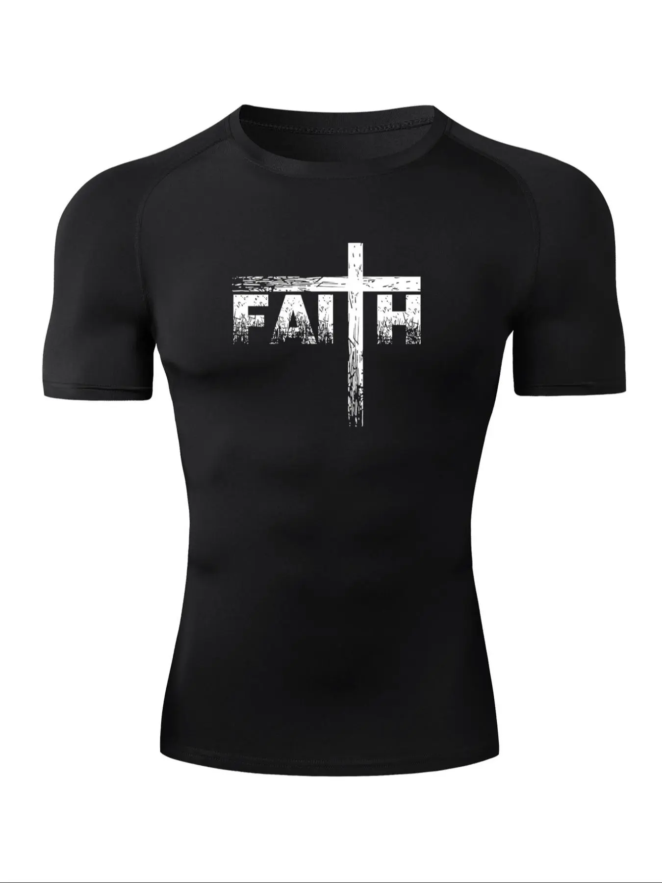 Men's Cross & Letter Print Round Neck Raglan Sleeve Tee, Tight-Fitting Casual Comfortable Breathable Quick Drying Short Sleeve Crew Neck T-shirt, Gym Workout Tee, All-match Top for Summer, Casual Sporty Top, Summer Training Clothing