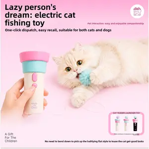 Electric Cat Toy Teaser Launcher One Click Cat Fishing Rod Interactive Pet Toy with Pom Pom Ball for Indoor Cats Small Dogs Exercise and Play