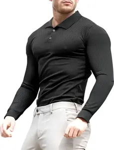 Lehmanlin Men's Muscle Polo Shirt Long Sleeve Casual Stylish Slim Fit Stretch Ribbed T-Shirt Golf Shirt