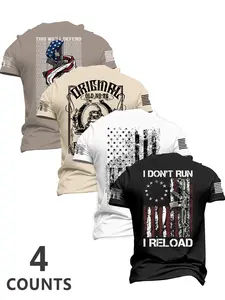 Men's Summer Flag Print Casual Short Sleeve Shirts, Patriotic Symbols & Personal Slogans, Fitted Round Neck, 4 Pack, Daily Wear, Top