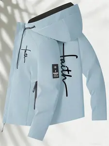 Women's Trendy Hooded Jacket Long Sleeve 2 Colors Available With Faith Cross Handwritten Print Easy Pull Zipper Loose Fit Soft Fabric Minimalist Design Pockets Casual Versatile Daily Commute Weekend Outings Streetwear Fashion Outerwear Womenswear