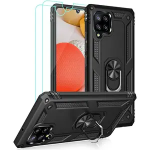 Cellular Phone Case for Samsung Galaxy A42 5G, Heavy Duty Protection with Metal Ring Holder Kickstand, Black