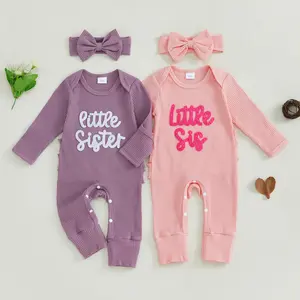 Little Sister Newborn Outfit Girl Long Sleeve Letter Romper Ribbed Knit Jumpsuit Baby Girl Preemie Coming Home Outfit