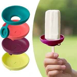 4 Pack Drip Free Silicone Popsicle Holder, Mess-Free Ice Pop Stand with Portable Handle & Tapered Anti-Drip Tray, Dishwasher Safe Reusable Popsicle Holder for Kids, Ideal for Summer Frozen Treats, Home & Outdoor Travel, Kitchen Utensils