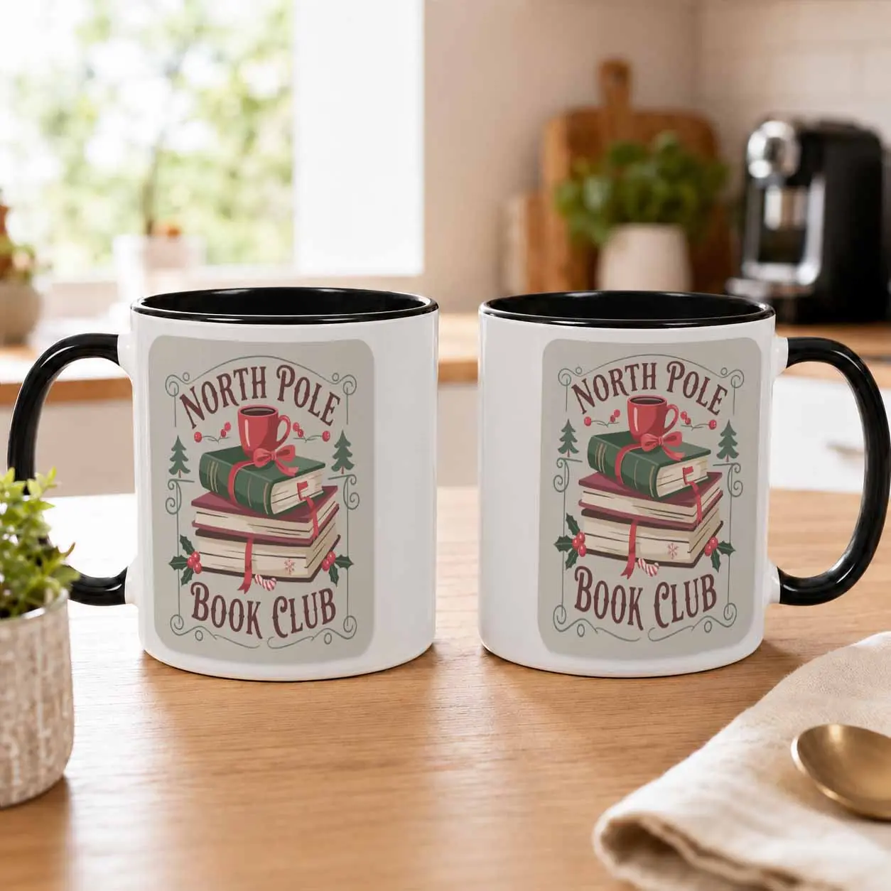 North Pole Book Club Coffee Mug (11oz/15oz)  Vintage Christmas Stacked Books And Hot Cocoa Printed Pattern  Durable Ceramic Microwave Safe Heat Resistant Construction  Ideal For Cozy Winter Reading Corners  Festive Holiday Home Decor And Thoughtful