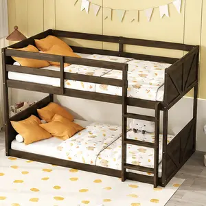 ARCH Twin over Twin Floor Bunk Bed with Panelled Headboard and Footboard Solid Rubber Wood Foundation Safety Guardrails Built-in Ladder Antique Dark Oak Space-Saving Low Profile Bed Frame for Kids Bedroom, Twin Size Options, Rubber Wood Material