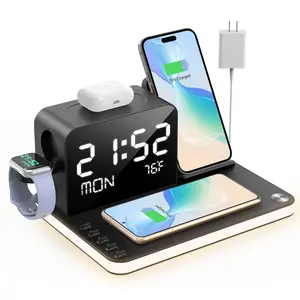 7-in-1 Dual Mobile Phone Wireless Charging Station with Night Light S1, mobile phone stand, time synchronization display, weekly temperature display, 30W adapter supports fast charging base for iPhone, AirPods and iWatch, USB C and USB A wired output