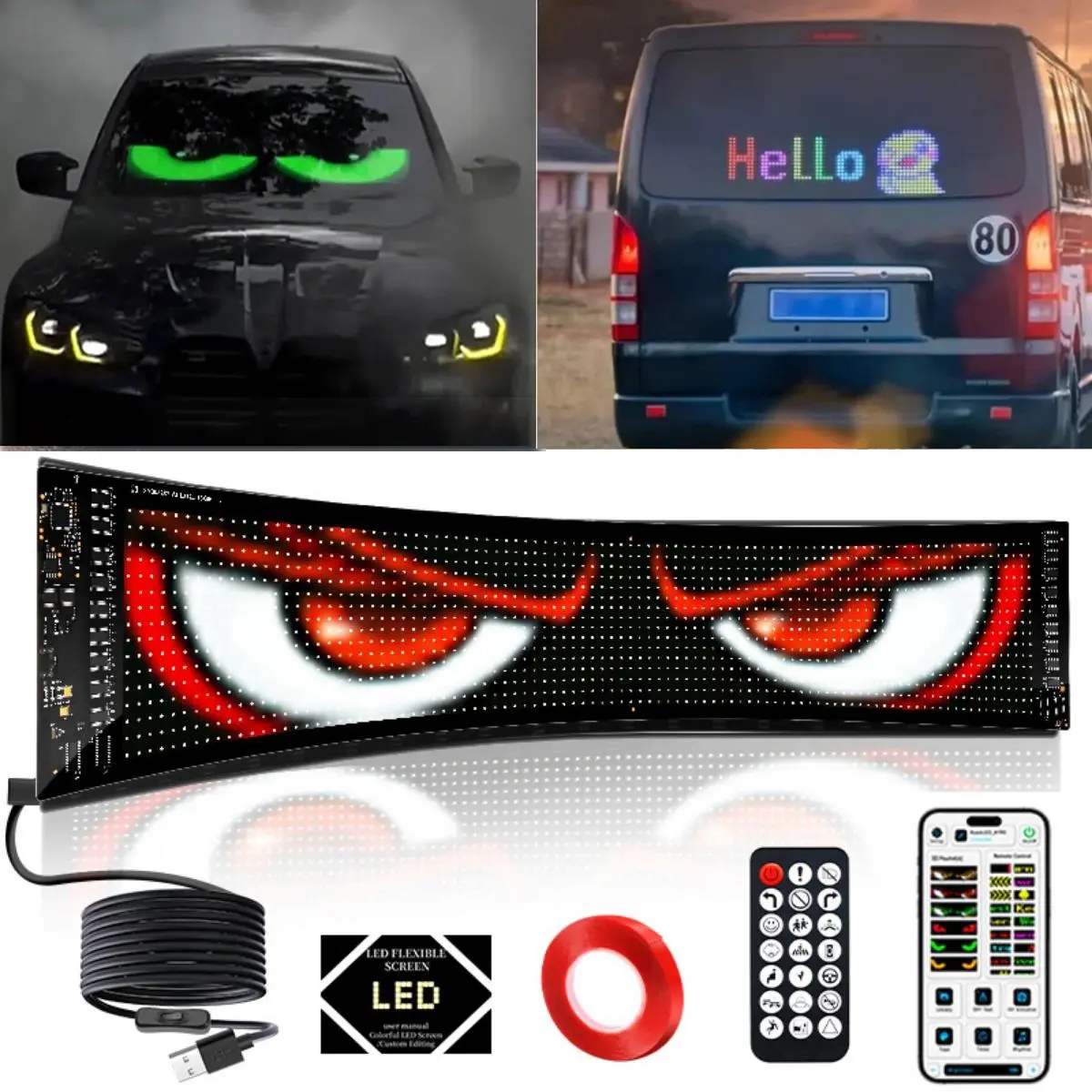 Car Sign Animation Demon Eye LED Matrix Pixel Panel Windshield for Car Off-road vehicles, SUV DIY Programmable  Bluetooth App Control LED Panel Flexible Display Light Text Pattern Animation Scrolling Display Illuminated Emblem Truck, Led Lights, Car Ornam