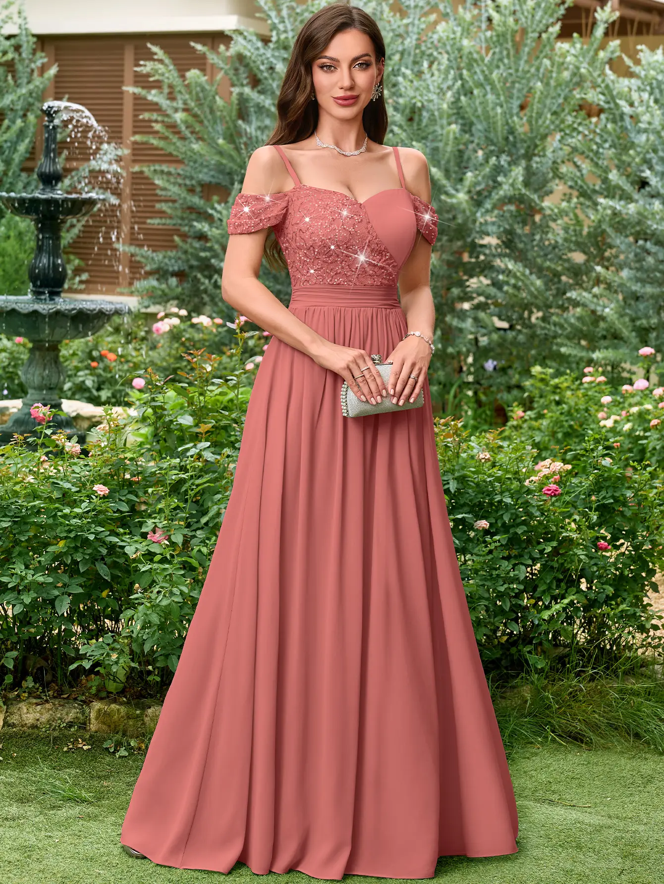 Miusol 55784A Lady's Off-Shoulder Sparkly Sequined Split Spaghetti-Strap Formal Maxi Dress, Elegant Dresses for Women, Formal Wear for Spring/Summer Events