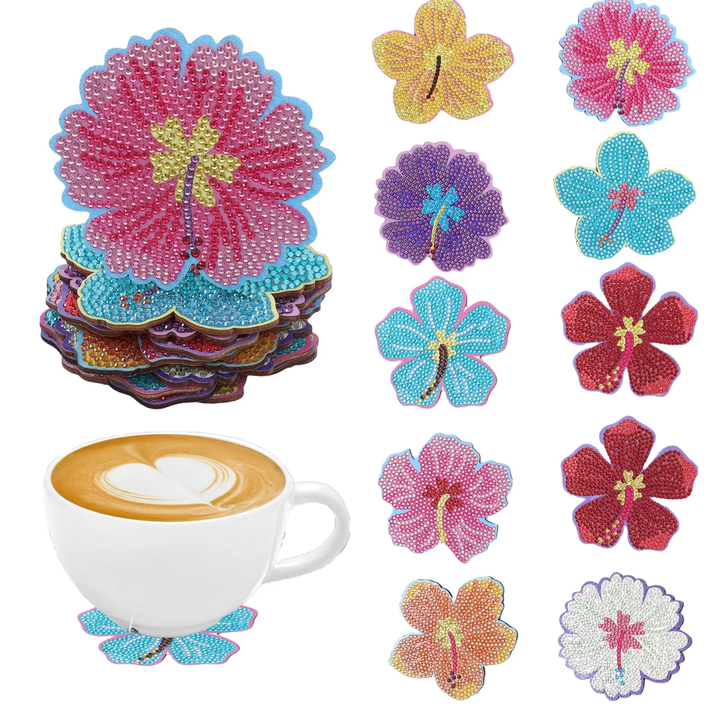 A set of 10 flower-shaped colored diamond art painting coasters, DIY decorative wooden coasters, Coasters For Drinks, suitable for home offices, creative art supplies, and a unique gift choice