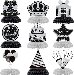 9PCS Black White Silver Birthday Decorations Honeycomb Centerpieces for Women Men Black White Happy Birthday Table Centerpieces Party Supplies 16th 21st 30th 40th 50th Birthday Table Topper Decor