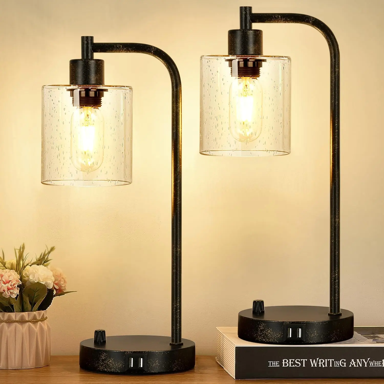 Set of 2 Industrial Table Lamps with USB Port, Fully Stepless Dimmable Bedside Lamps for Bedrooms, Nightstand Desk Lamp with Clear Glass Shade for Reading Living Room Office 2 LED Bulb Included,dorm essentials,home decor,home essentials,camping essentials