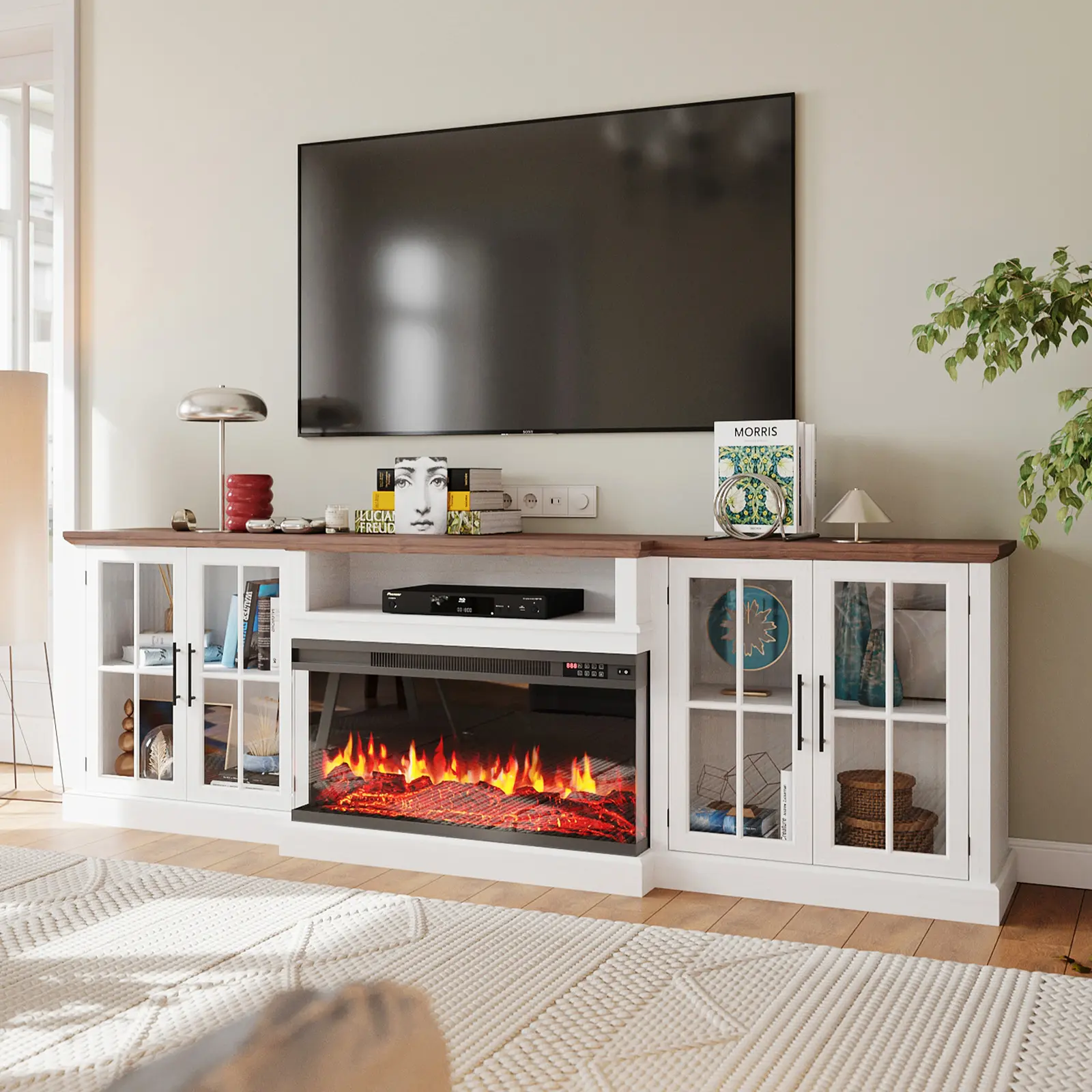 White & Black Farmhouse TV Stand - 98in Wood TV Console Cabinet, 36in Fireplace, Fits 100in TVs, Classic/Cottage Style Multimedia Centre, Adjustable Shelves, Large Storage Cabinets, 3-Package Shipping, Living Room Use