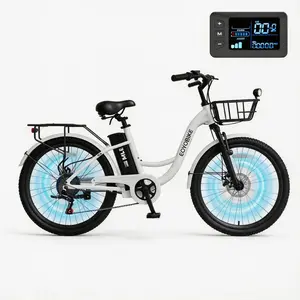 EOYOBIKE MLE 20MPH 7-Speed Electric Bike,24/26" 700W Peak Power City Cruiser Ebike,  Electric Bicycle w/36V 10.4Ah Removable Battery & front basket, Step-Thru Electric